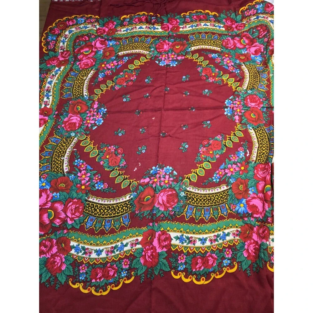 Vintage 100% Wool Floral Piano Shawl Burgundy Macrame Fringe Japan Fortune Telle